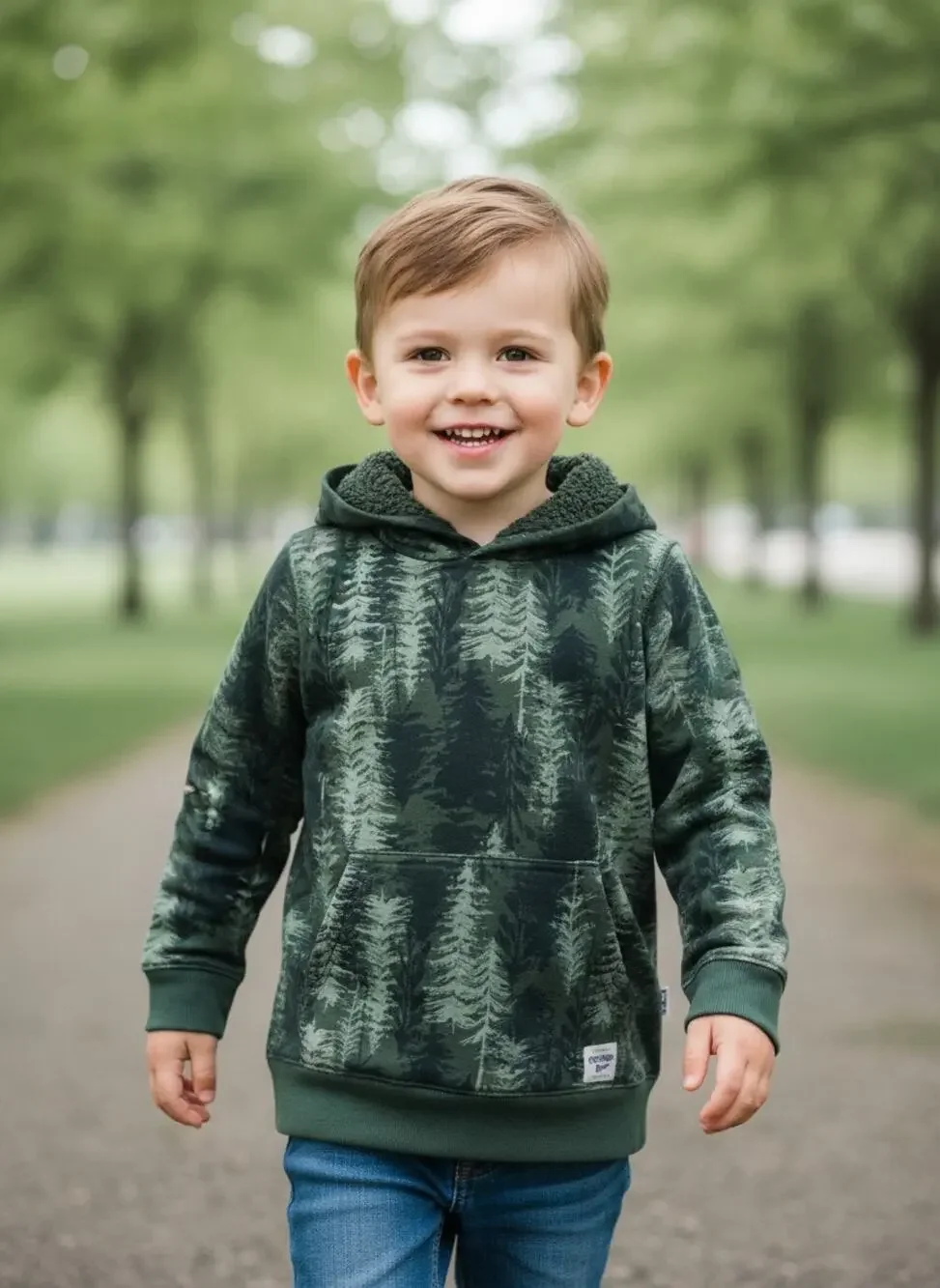 OshKosh B'Gosh Kids Green Hooded Pullover Sweatshirt Size L Forest Print Hoodie